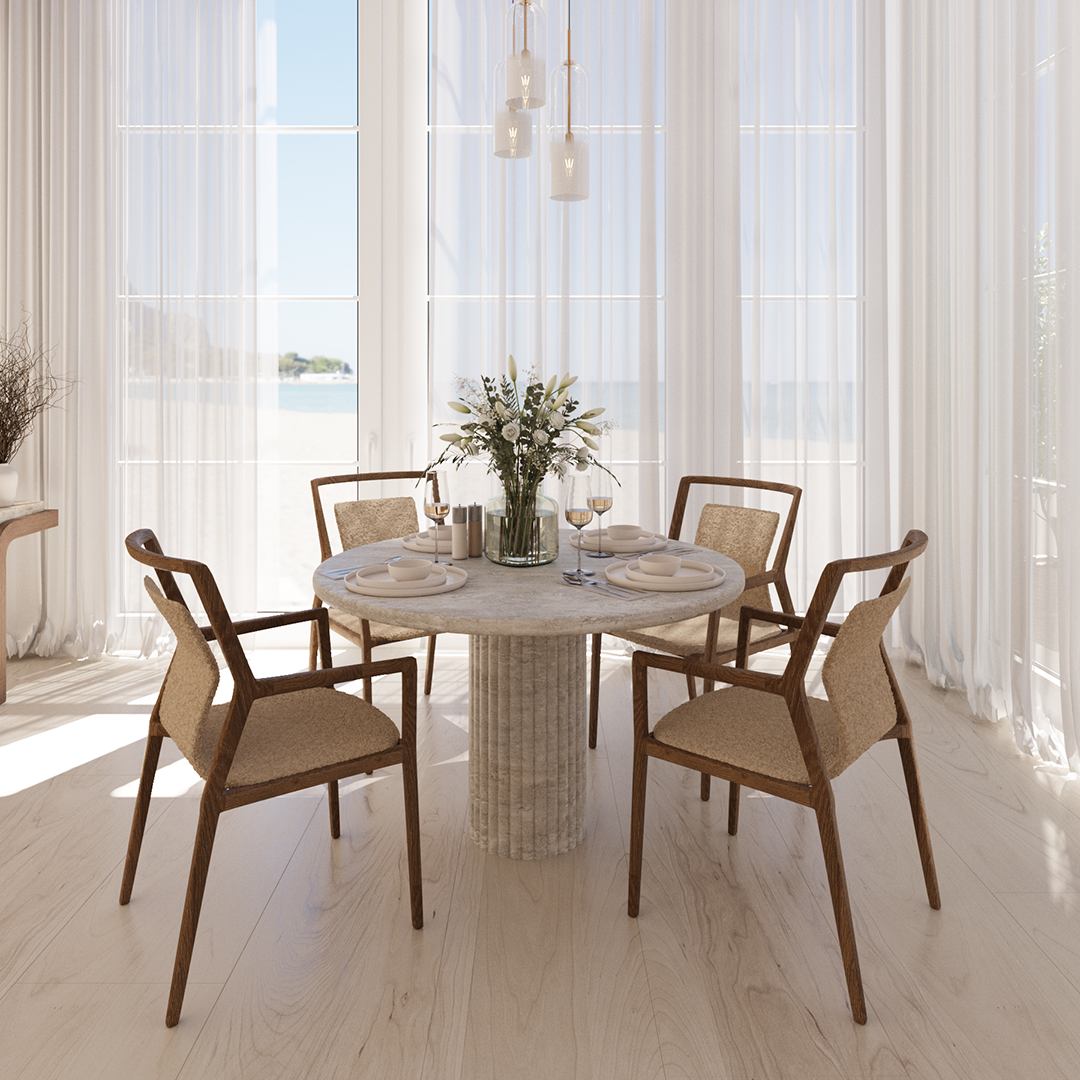 Genuine Travertine Round Carved Dining Table - Holzsch