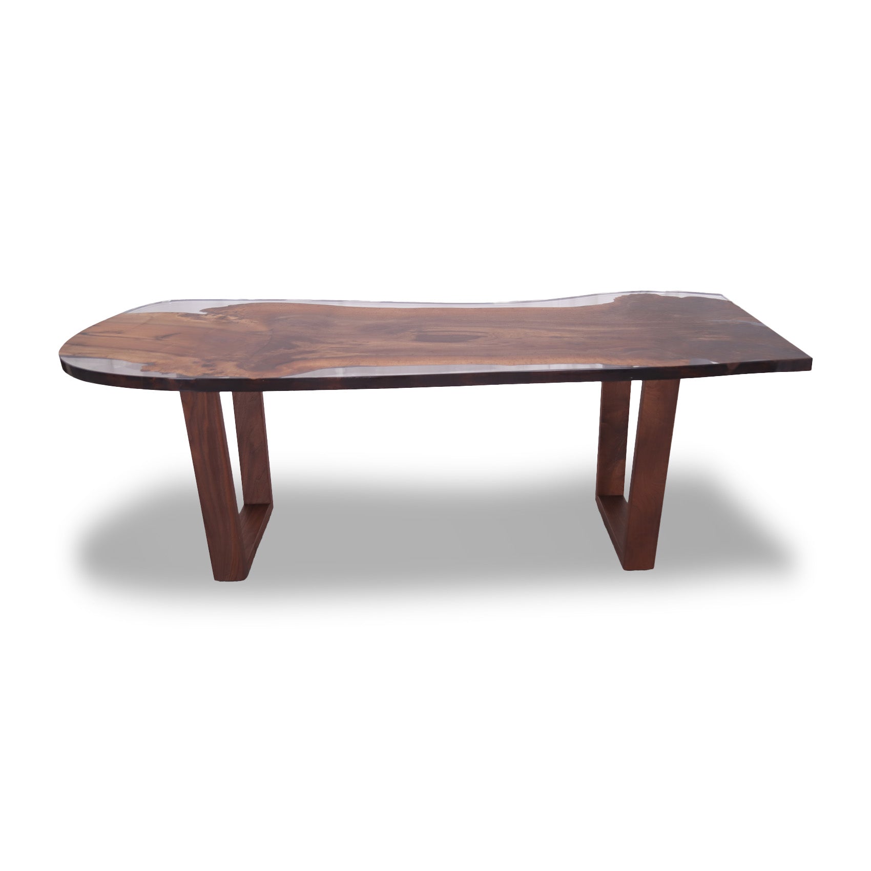Front view of Sedon walnut desk showcasing slab top and epoxy finish