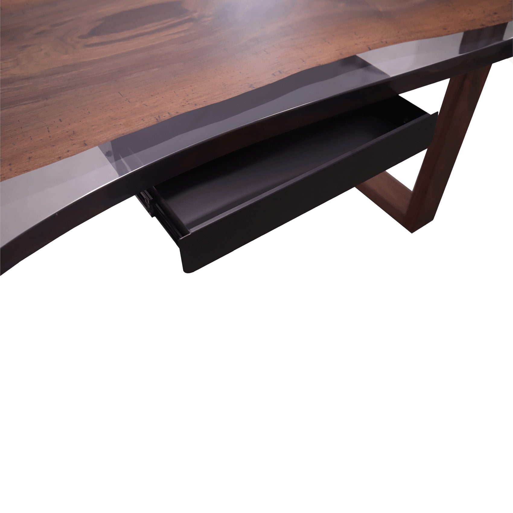 Underside view with pull-out tray visible beneath desktop