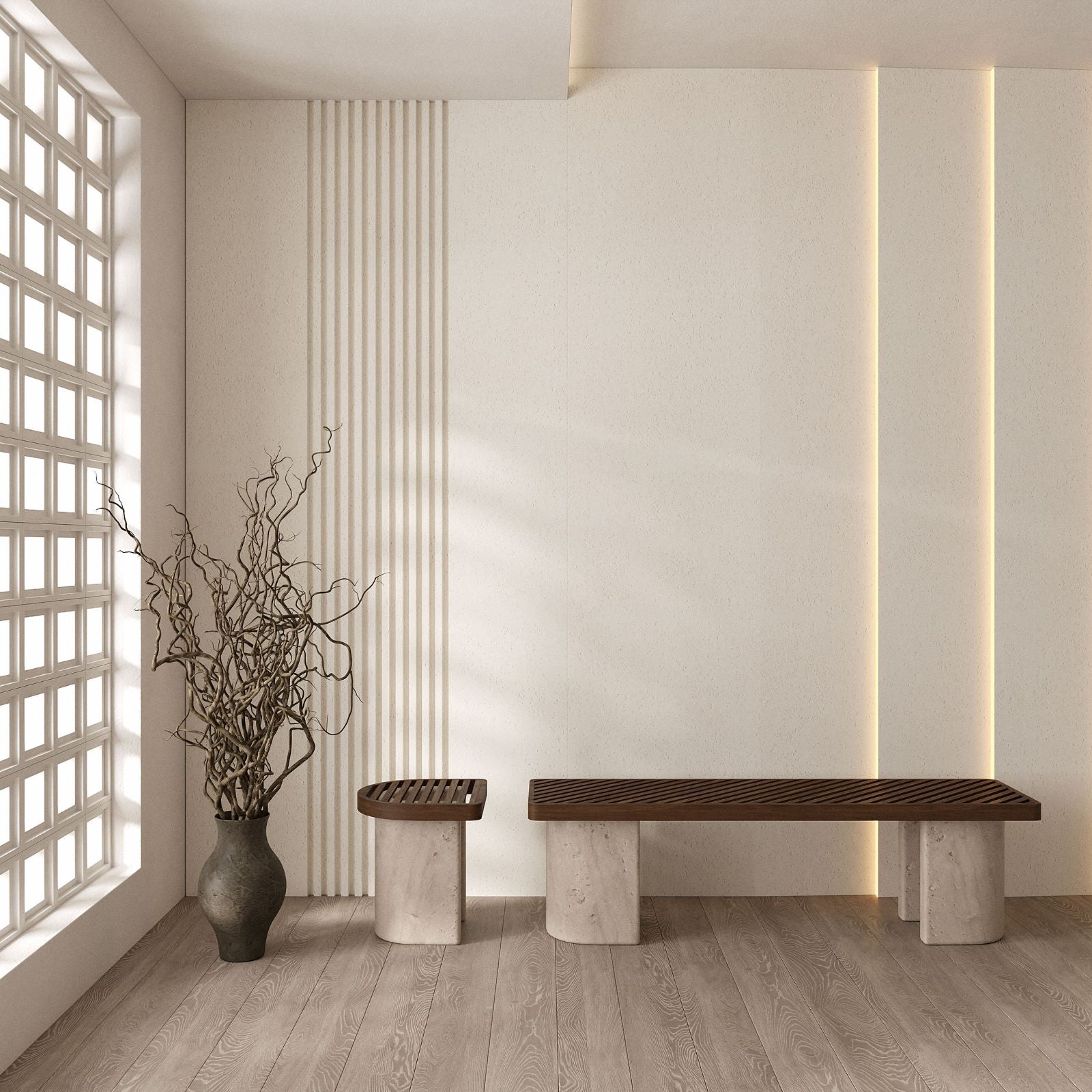 Trisotto Set of Two Wood-Top Benches with 3 Genuine Travertine Sections - Holzsch