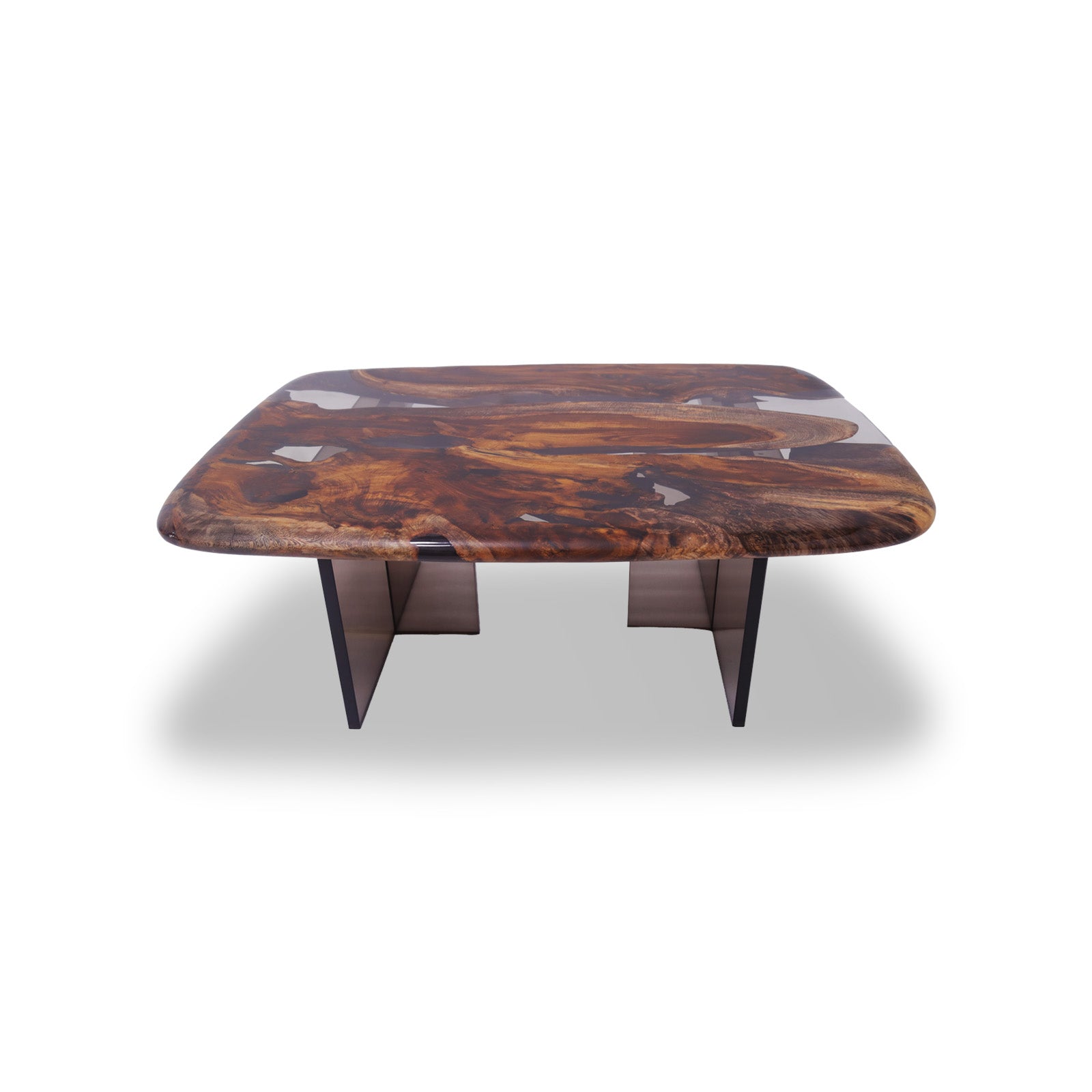 Bosque Cassia Barrel Coffee Table with gray epoxy inlay and plexiglass legs