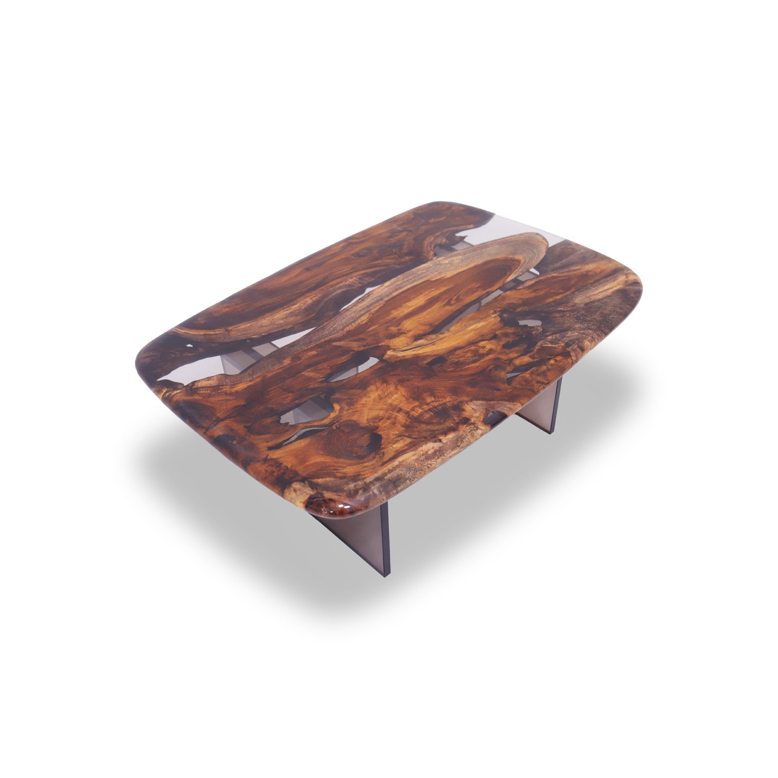 Bosque Cassia Barrel Coffee Table with gray epoxy inlay and plexiglass legs