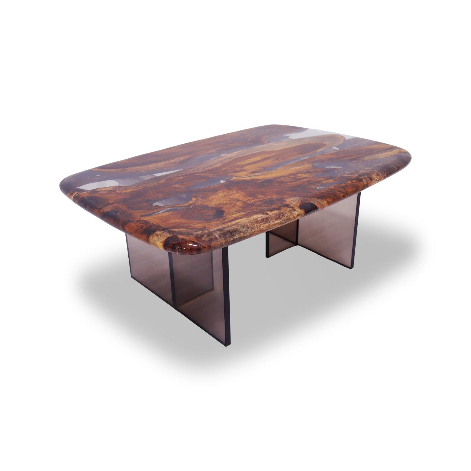 Bosque Cassia Barrel Coffee Table with gray epoxy inlay and plexiglass legs