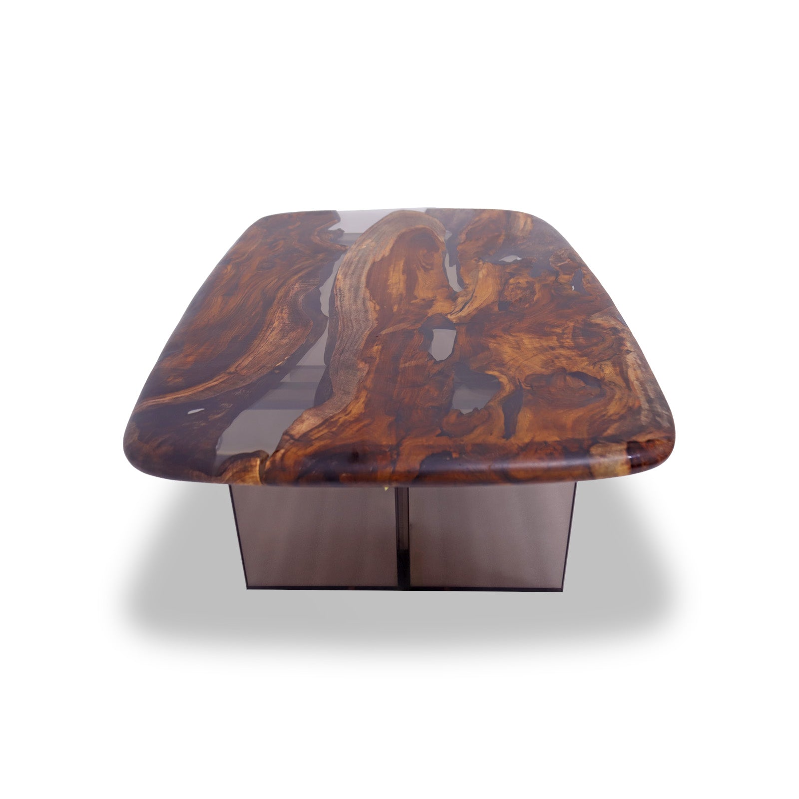 Bosque Cassia Barrel Coffee Table with gray epoxy inlay and plexiglass legs