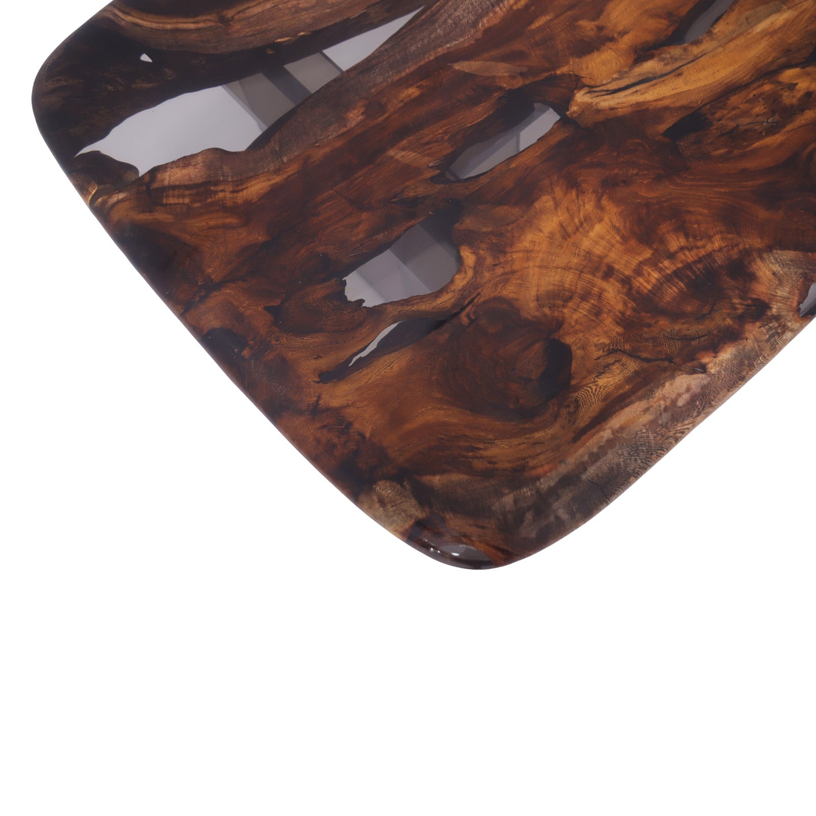 Bosque Cassia Barrel Coffee Table with gray epoxy inlay and plexiglass legs