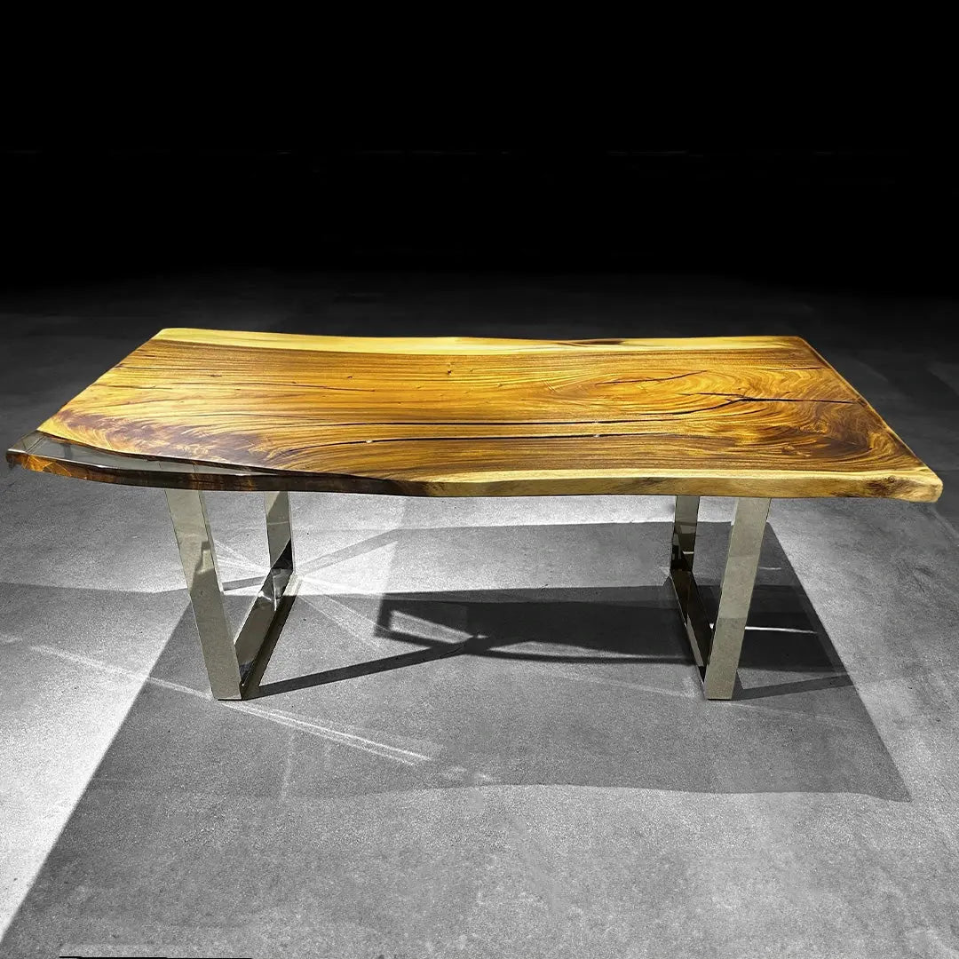 Coty Saman Solid Slab Wood Live Edge Epoxy Dining Table w Chrome Legs - Holzsch