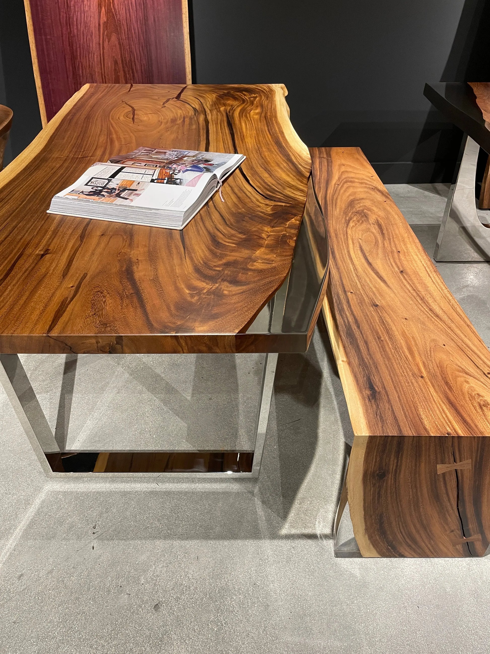 Coty Saman Solid Slab Wood Live Edge Epoxy Dining Table w Chrome Legs - Holzsch