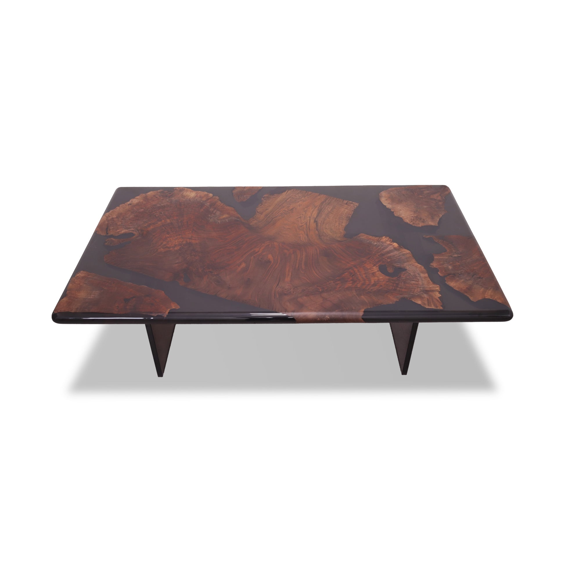 Front view of Mirage Walnut Burl Dining Table with plexiglass legs.