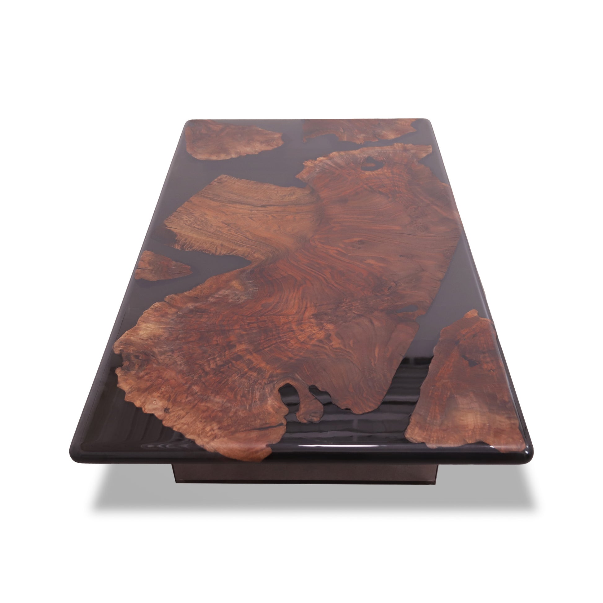 Top surface close-up showing walnut burl grain and epoxy-filled voids.