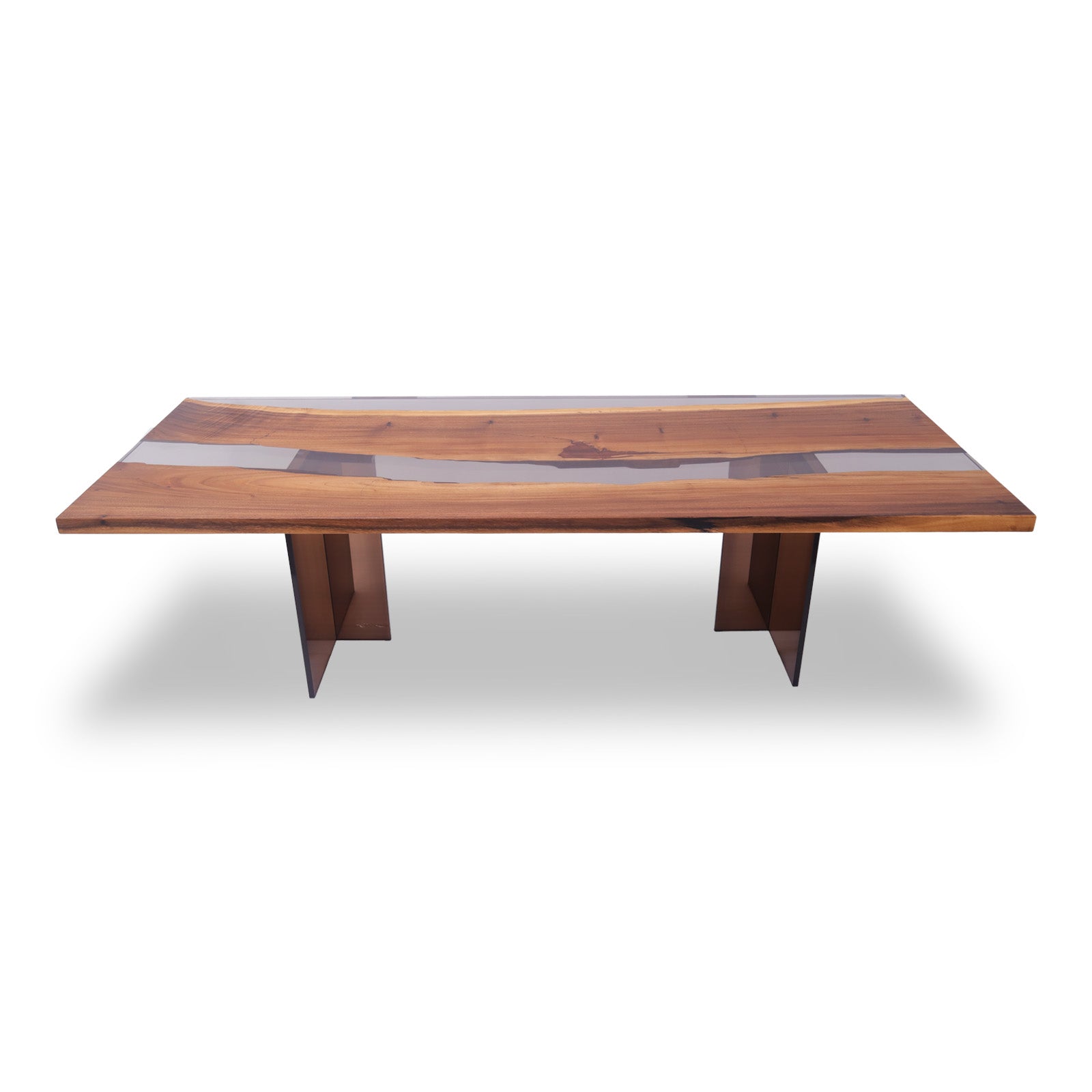 Mirage Rectangular Monkey Pod Dining Table with epoxy river and dark acrylic legs