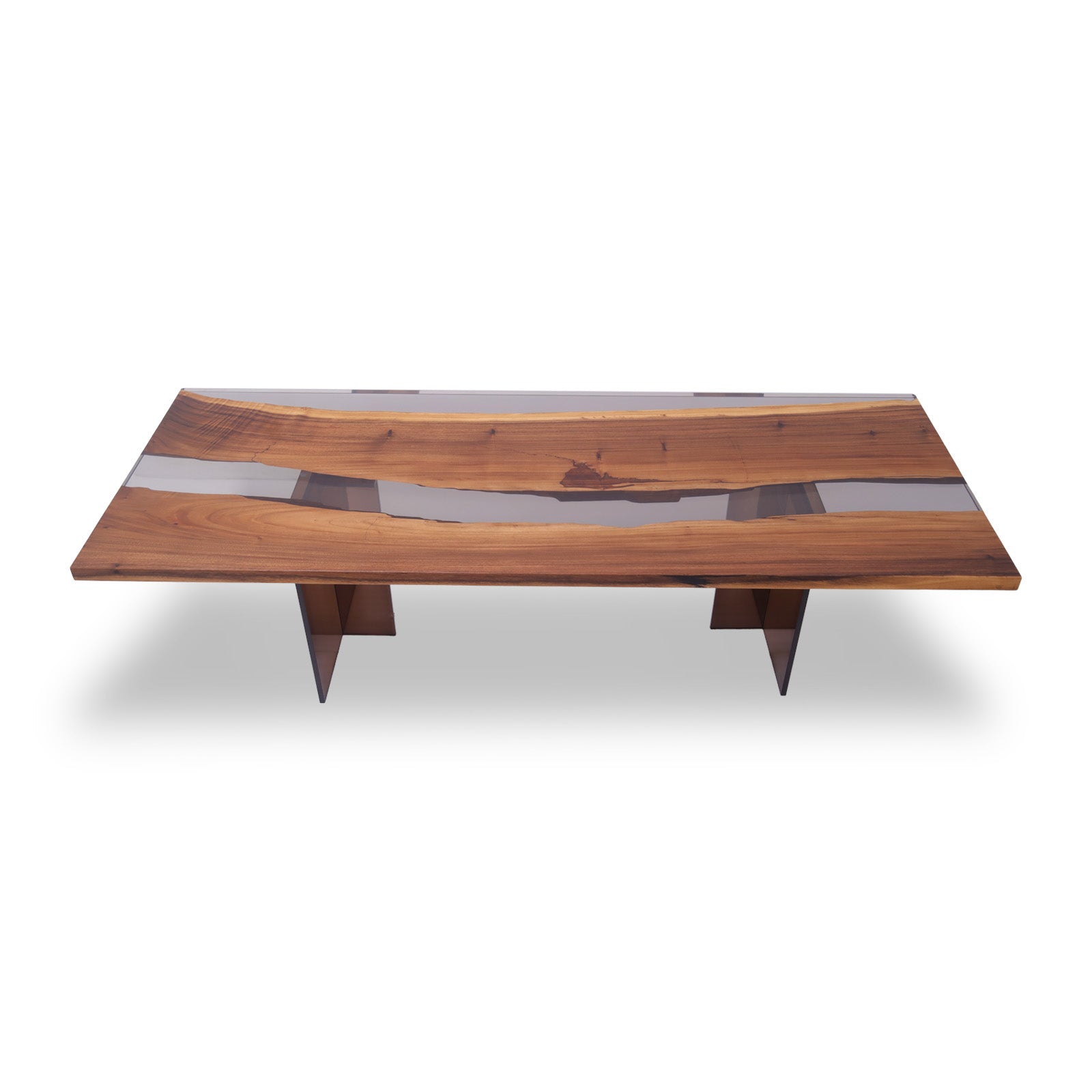 Mirage Rectangular Monkey Pod Dining Table with epoxy river and dark acrylic legs