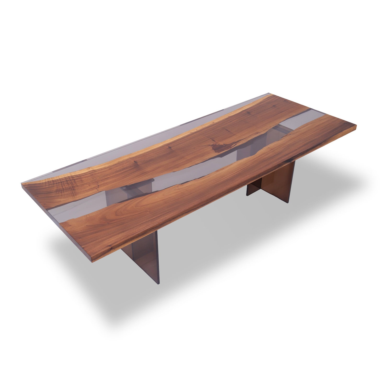 Mirage Rectangular Monkey Pod Dining Table with epoxy river and dark acrylic legs