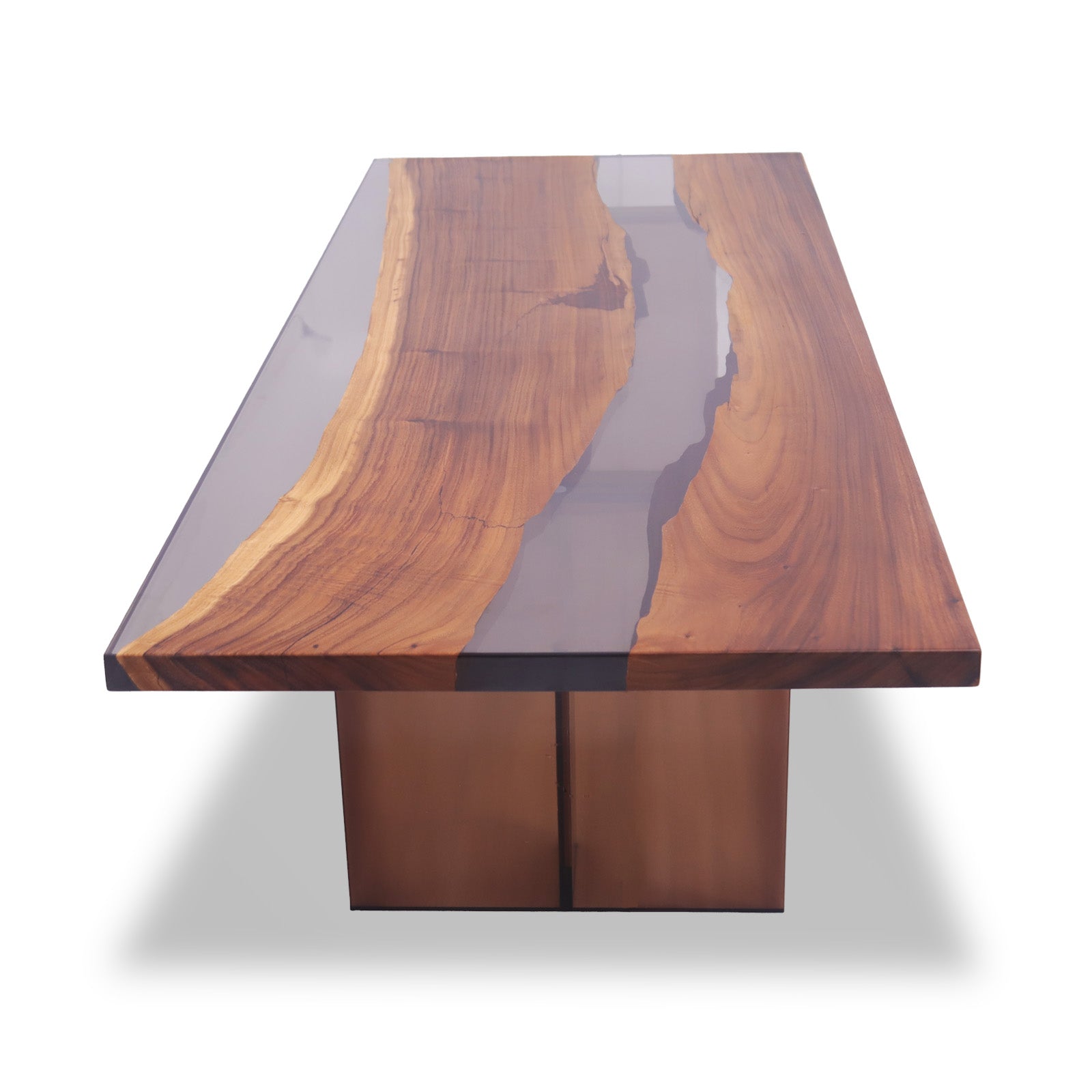 Mirage Rectangular Monkey Pod Dining Table with epoxy river and dark acrylic legs