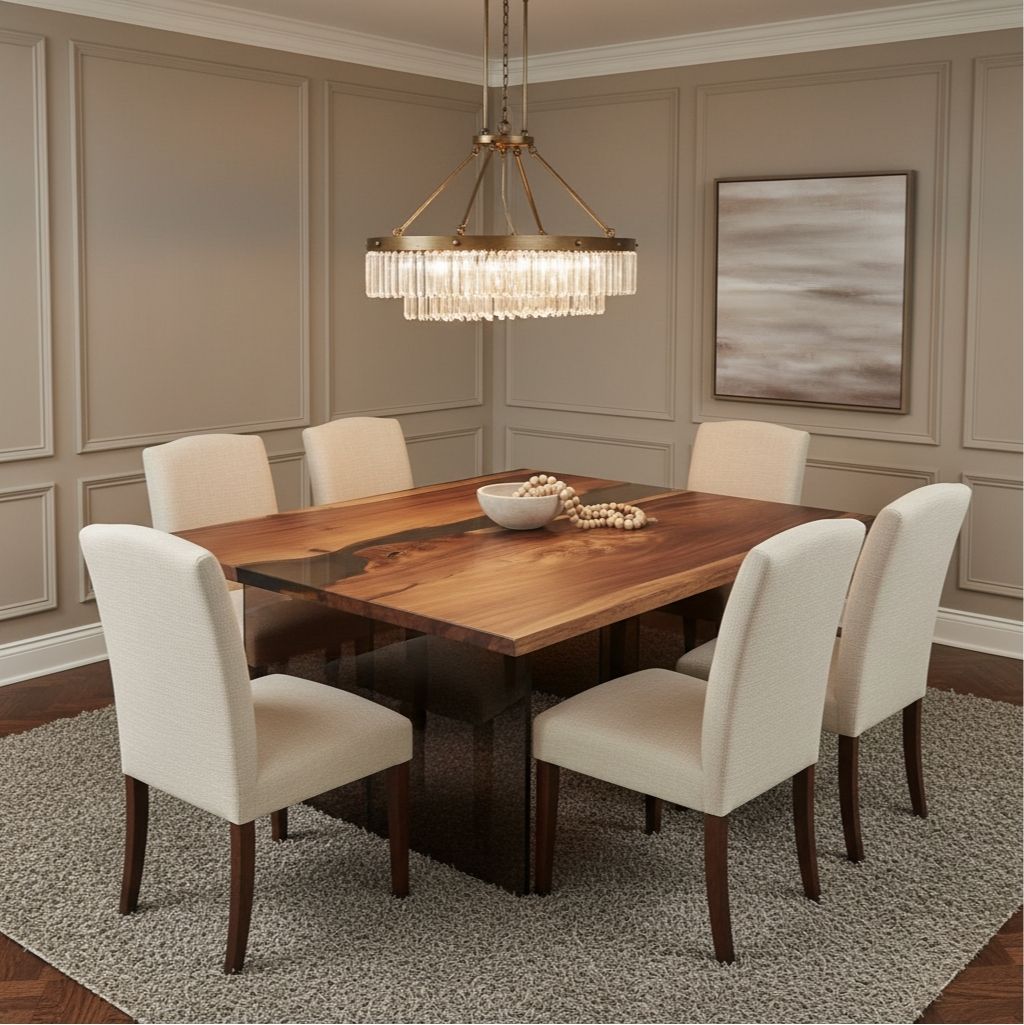 Mirage Square Monkey Pod Dining Table with Plexiglass Legs 60" x 60" - Holzsch