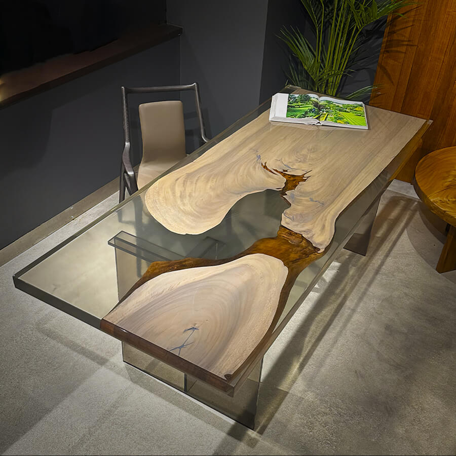 Saman Grey Bleached Epoxy Dining Table - Custom, Plexiglass Legs - Holzsch