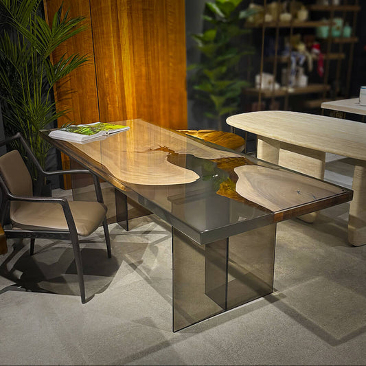 Saman Grey Bleached Epoxy Dining Table - Custom, Plexiglass Legs - Holzsch