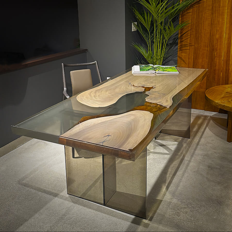 Saman Grey Bleached Epoxy Dining Table - Custom, Plexiglass Legs - Holzsch