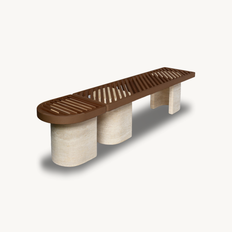 Trisotto Set of Two Wood-Top Benches with 3 Genuine Travertine Sections - Holzsch