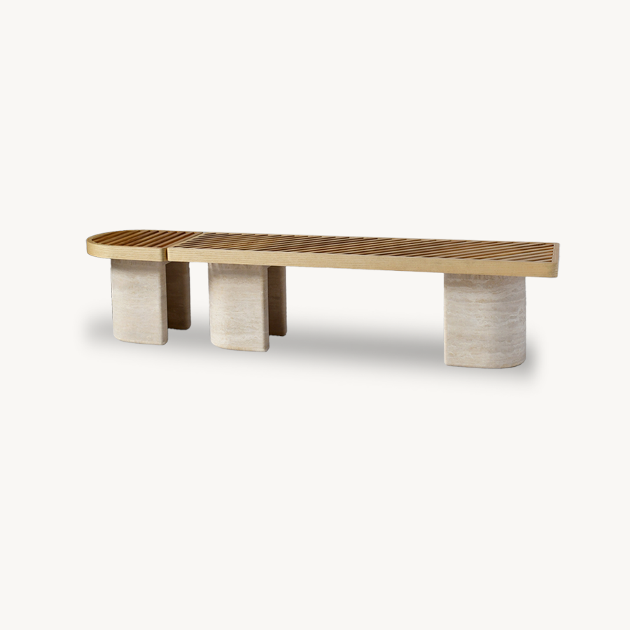 Trisotto Set of Two Wood-Top Benches with 3 Genuine Travertine Sections - Holzsch
