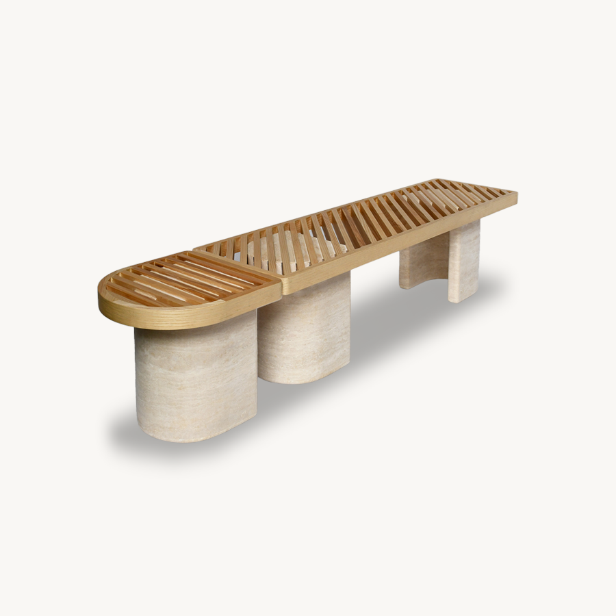 Trisotto Set of Two Wood-Top Benches with 3 Genuine Travertine Sections - Holzsch
