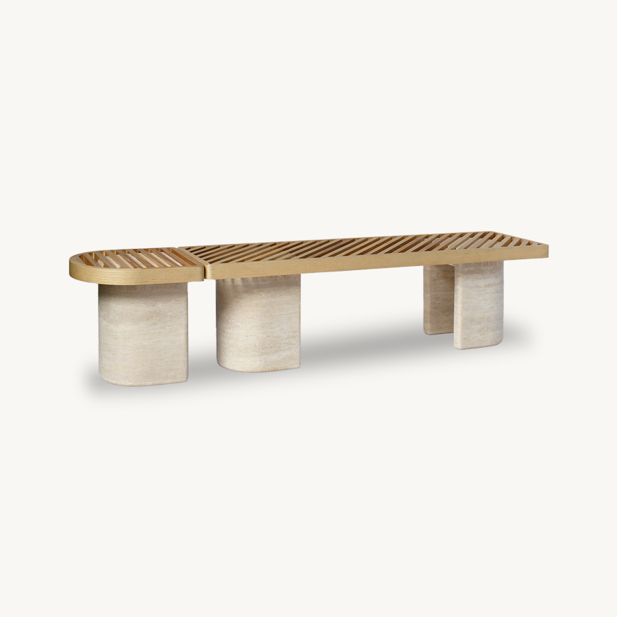 Trisotto Set of Two Wood-Top Benches with 3 Genuine Travertine Sections - Holzsch