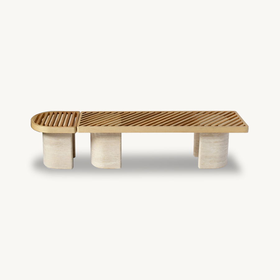 Trisotto Set of Two Wood-Top Benches with 3 Genuine Travertine Sections - Holzsch