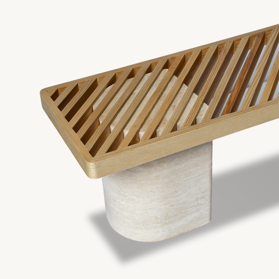 Trisotto Set of Two Wood-Top Benches with 3 Genuine Travertine Sections - Holzsch