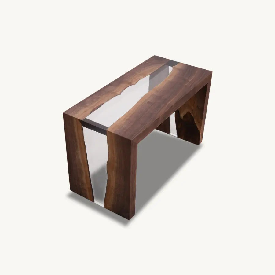 Walnut Epoxy Bench Side Table, Waterfall Legs, Transparent Epoxy