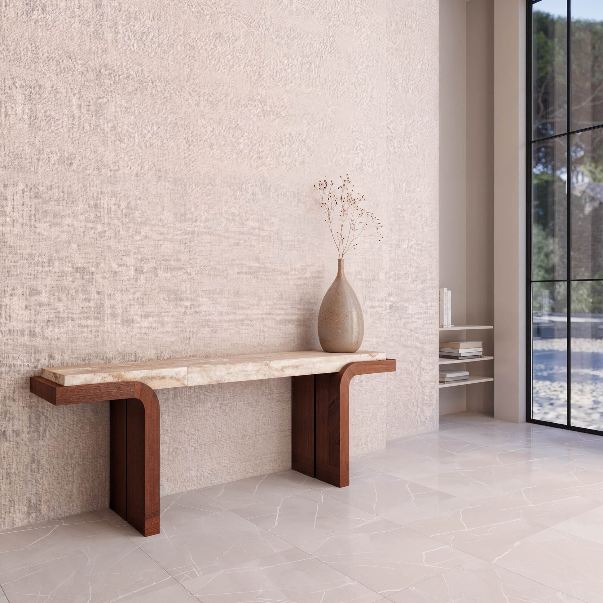 Basso Genuine Travertine Top Console Table 16"x 59" - Holzsch