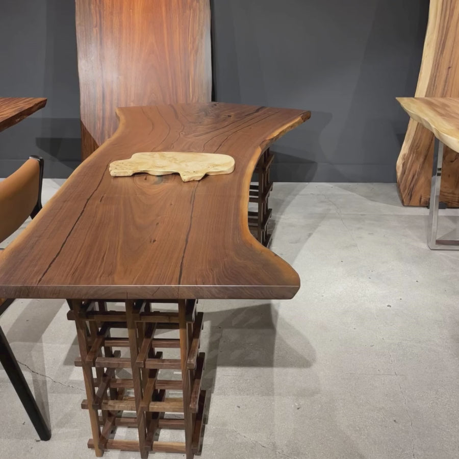 Channing Black Walnut Live Edge Dining Table 34 x 84 with Wine Rack Legs