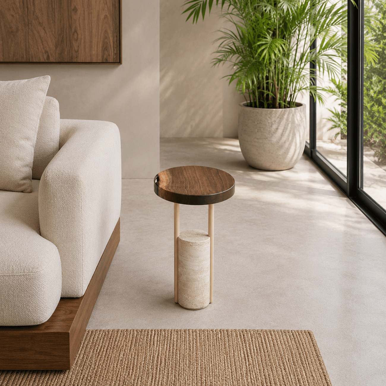 Compact round walnut side table with clear resin and beige travertine