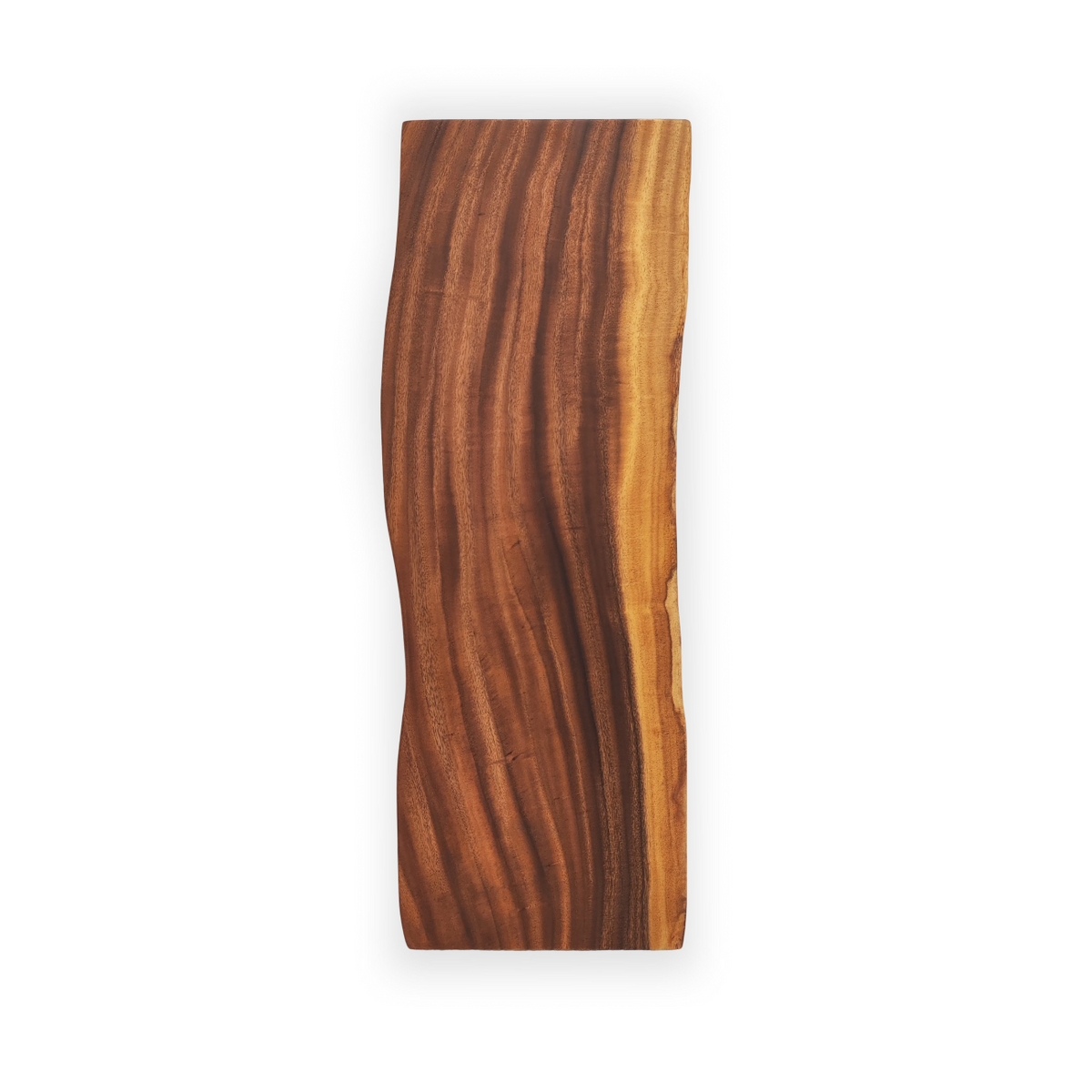 River Guard Saman tabletop protector with sweeping amber grain, dark brown streaks, and a natural live edge