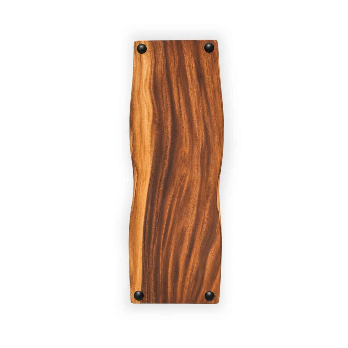 Underside of Saman River Guard table board showing four round black protective feet and curved natural wood grain