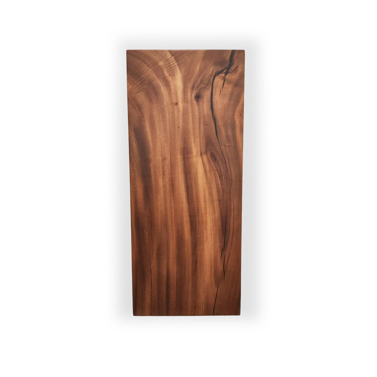River Guard Saman tabletop protector with sweeping amber grain, dark brown streaks, and a natural live edge