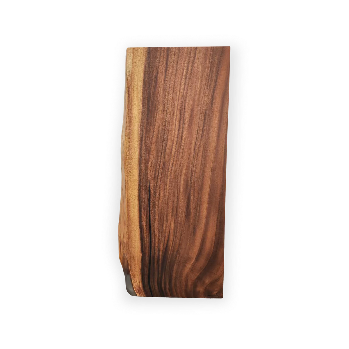 River Guard Saman tabletop protector with sweeping amber grain, dark brown streaks, and a natural live edge