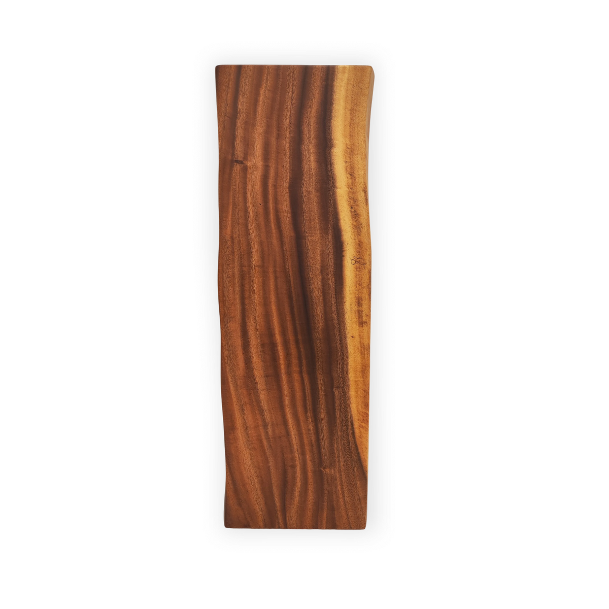 River Guard Saman tabletop protector with sweeping amber grain, dark brown streaks, and a natural live edge