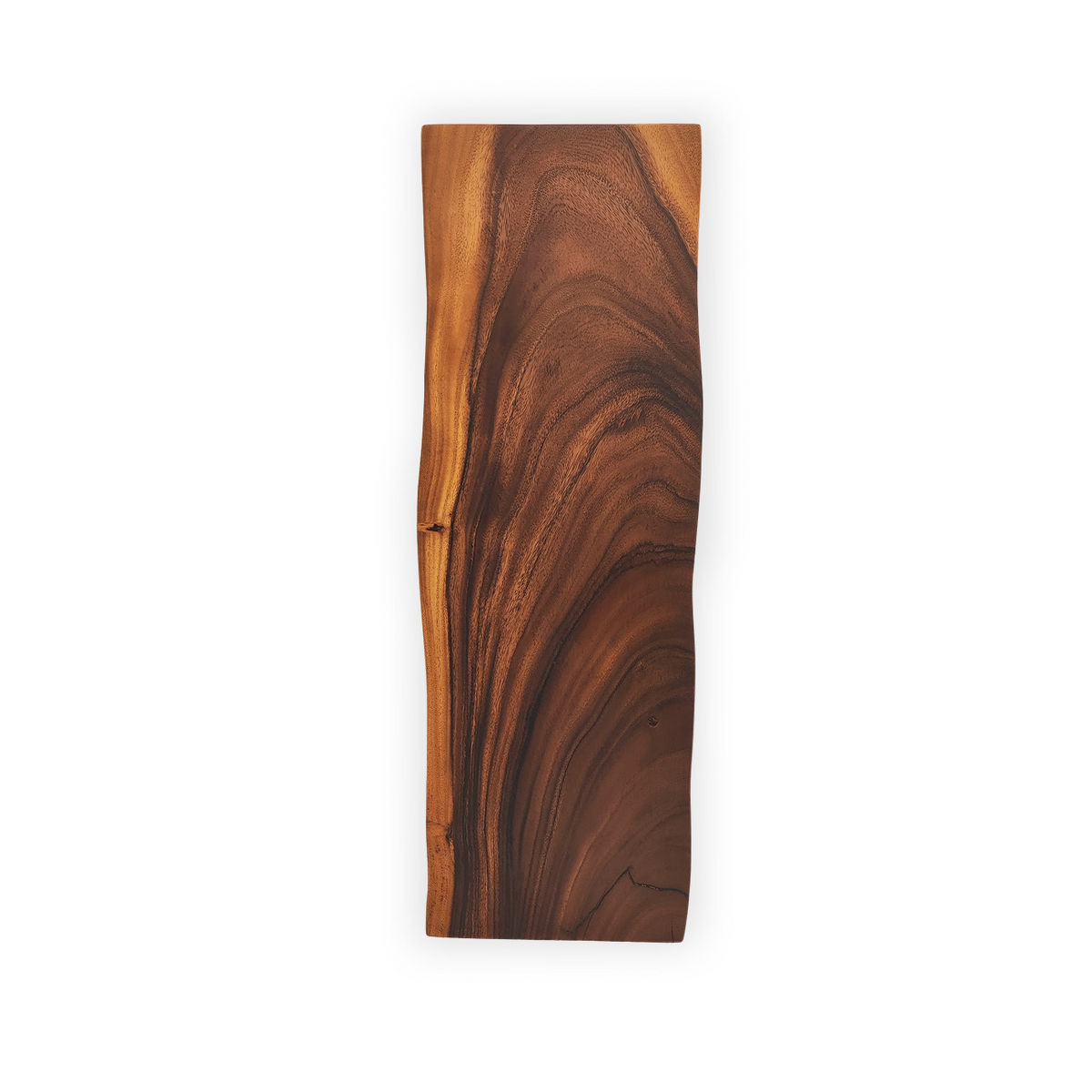 River Guard Saman tabletop protector with sweeping amber grain, dark brown streaks, and a natural live edge