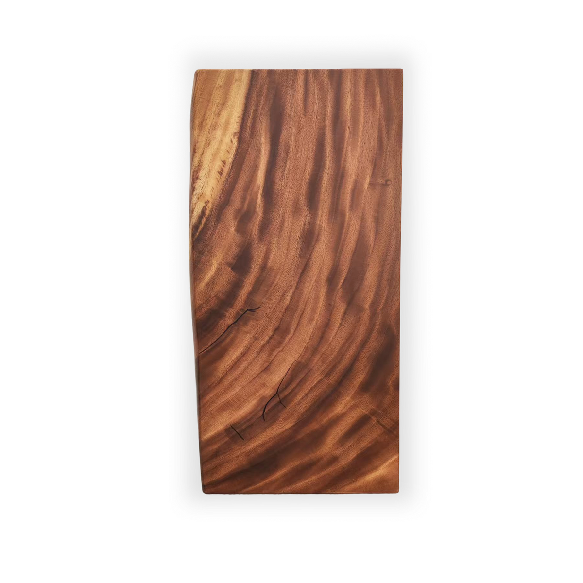 River Guard Saman tabletop protector with sweeping amber grain, dark brown streaks, and a natural live edge