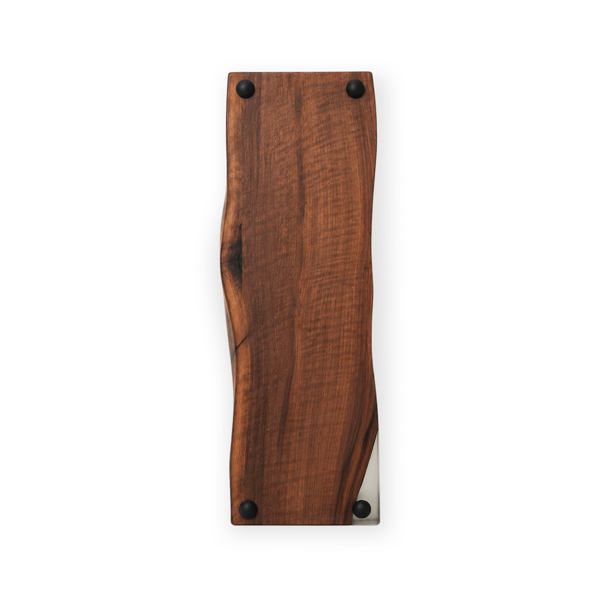 River Guard Walnut tabletop protector with dark brown grain, live edge, and translucent resin corner insert