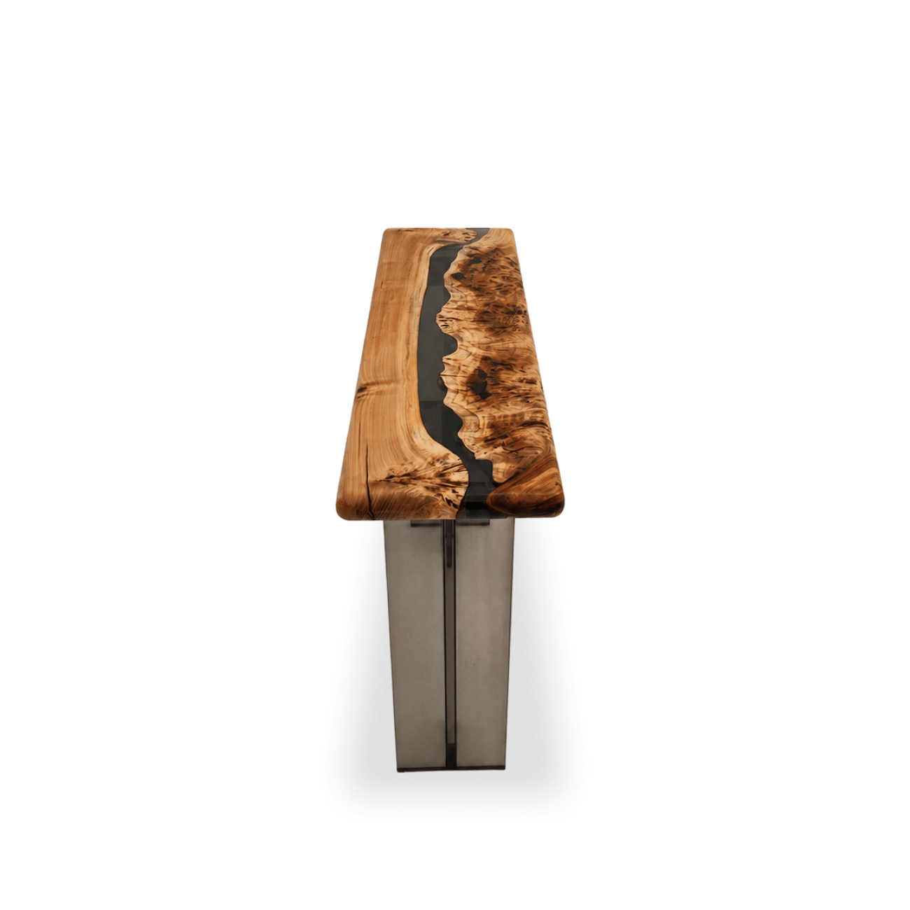 Mirage Mappa Burl entryway console table with dark gray epoxy river and plexiglass base