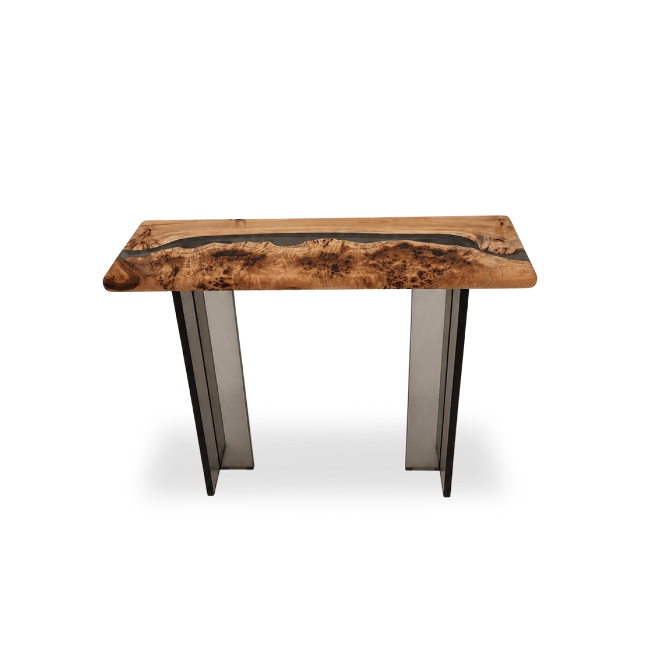 Handcrafted Mappa Burl console table with rounded edge and dark acrylic T-shaped legs.