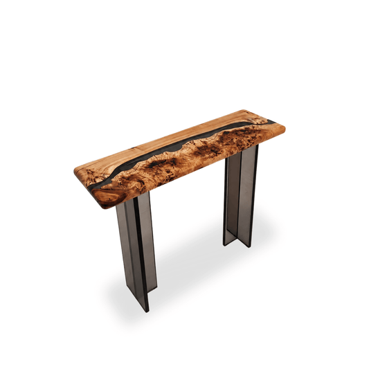 Mirage Mappa Burl entryway console table with dark gray epoxy river and plexiglass base