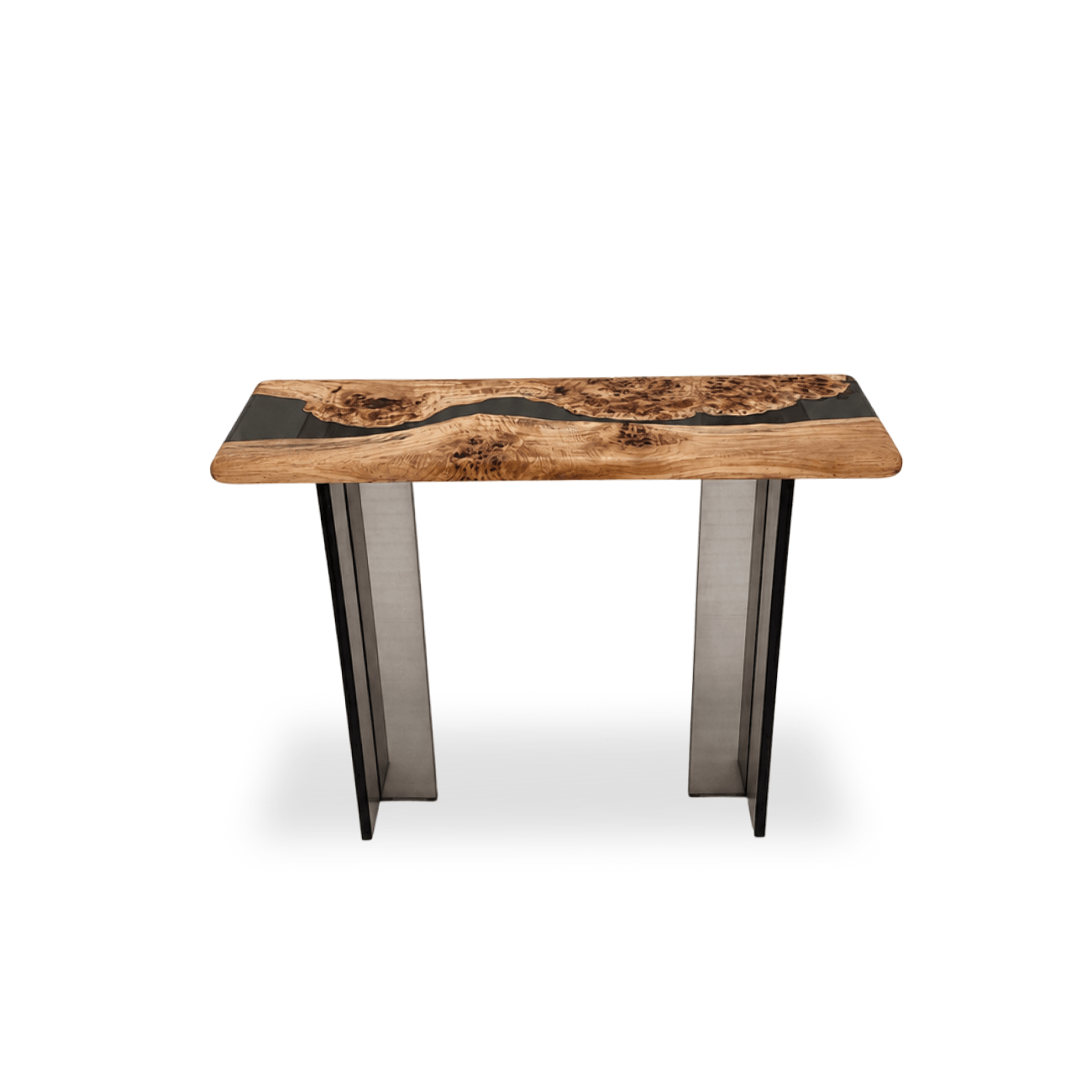 Handcrafted Mappa Burl console table with rounded edge and dark acrylic T-shaped legs
