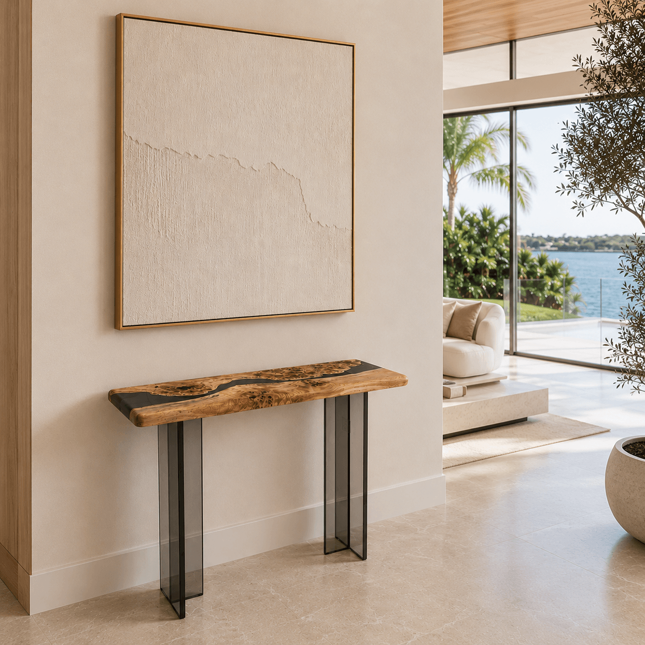 Luxury 12 x 38 Mappa Burl epoxy console table for entryways