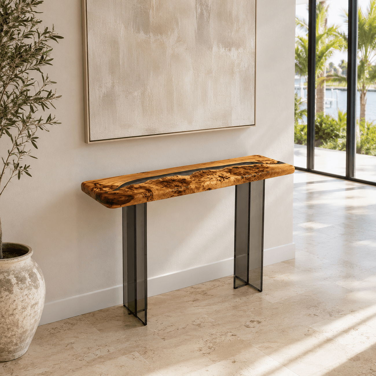 Contemporary Mappa Burl hallway console table with transparent dark plexiglass base.