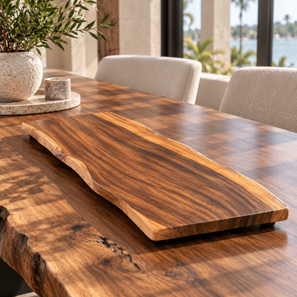 River Guard Saman tabletop protector with sweeping amber grain, dark brown streaks, and a natural live edge
