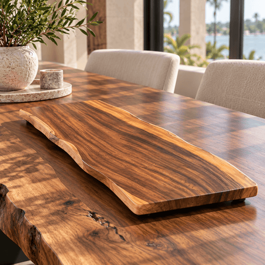 River Guard Saman tabletop protector with sweeping amber grain, dark brown streaks, and a natural live edge