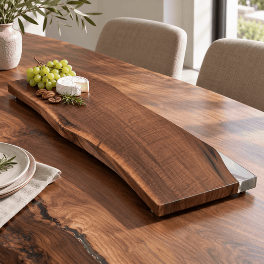 River Guard Walnut tabletop protector with dark brown grain, live edge, and translucent resin corner insert