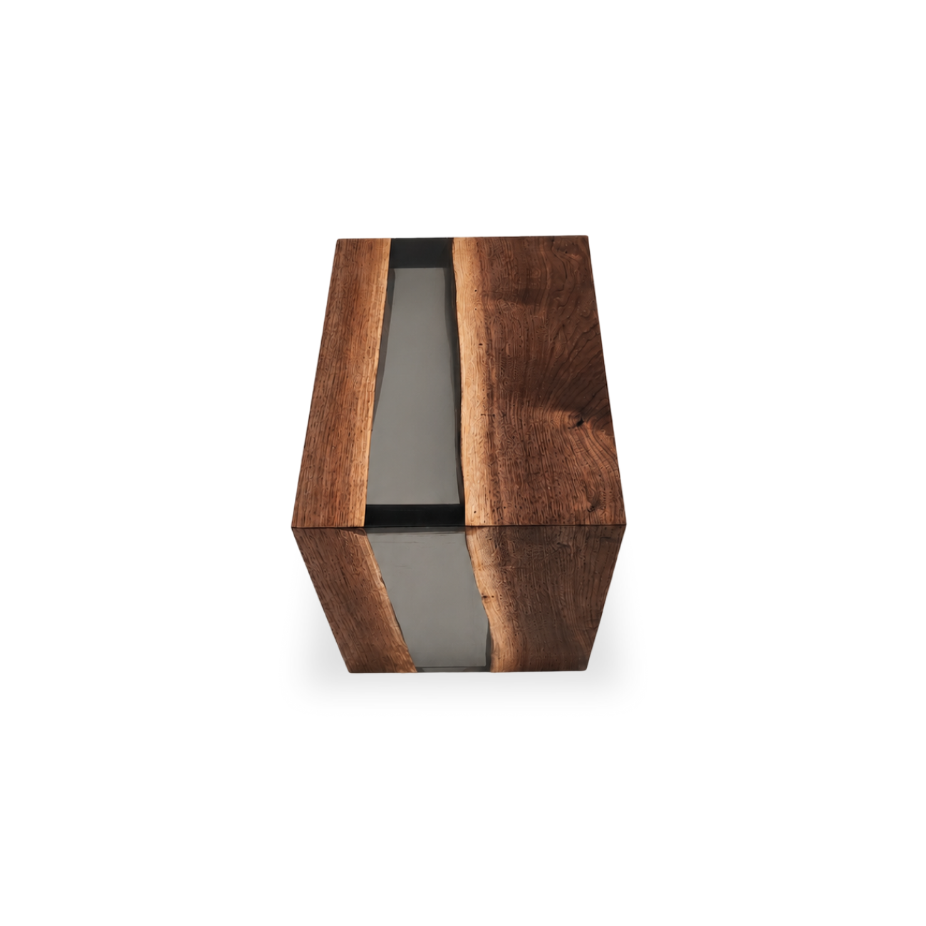 Handcrafted walnut stool with translucent gray resin detail