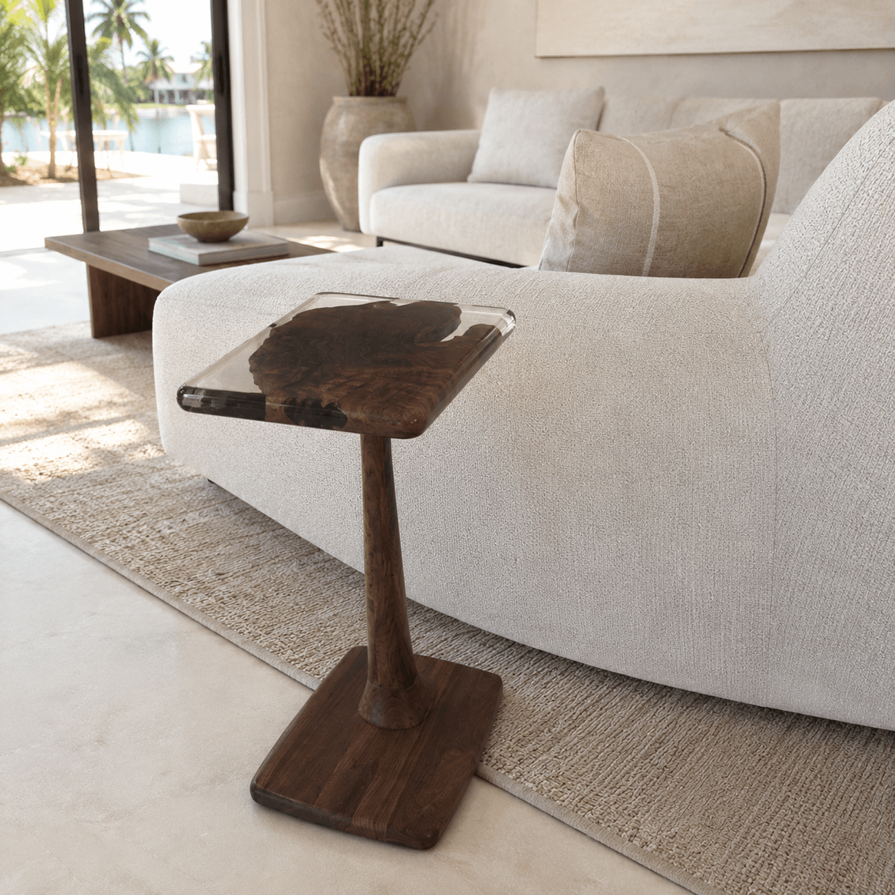 Perch Walnut Burl side table with transparent dark gray epoxy and solid walnut pedestal base